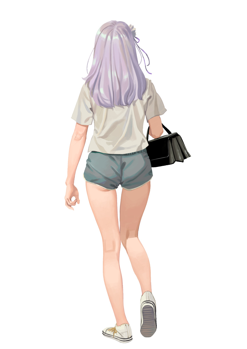 1girl absurdres ass bag bangs bare_legs black_bag commentary emilia_(re:zero) facing_away flower from_behind full_body grey_shirt grey_shorts hair_flower hair_ornament hair_ribbon highres holding holding_shoes hongcasso legs long_hair purple_hair re:zero_kara_hajimeru_isekai_seikatsu ribbon shiny shiny_hair shirt shoes short_shorts short_sleeves shorts silver_hair simple_background sneakers solo standing white_background white_footwear white_shirt