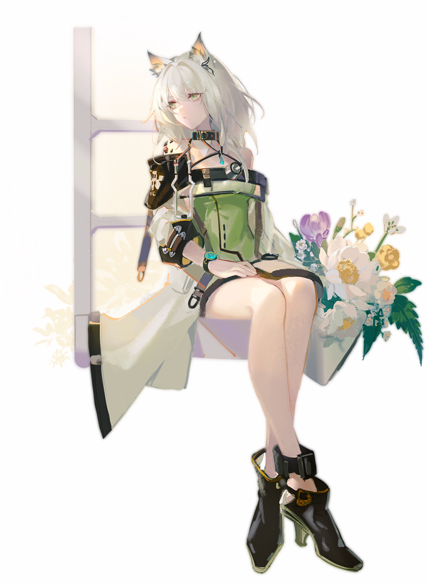 1girl animal_ear_fluff arknights backlighting bare_legs bare_shoulders black_footwear bouquet closed_mouth collar commentary_request crossed_legs dress eyebrows_visible_through_hair flower full_body green_dress green_eyes hand_on_lap high_heels highres kal'tsit_(arknights) long_hair looking_at_viewer looking_to_the_side lynx_ears off-shoulder_dress off_shoulder oripathy_lesion_(arknights) procreate_(medium) samo_(shichun_samo) see-through_sleeves simple_background sitting solo stethoscope watch watch white_background white_hair