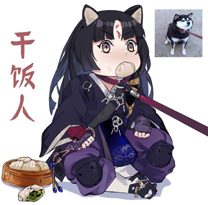 1girl absurdres animal animal_ears arknights beads black_hair blush brown_eyes collar dog dumpling eyebrows_visible_through_hair facial_mark fingerless_gloves food food_in_mouth gem gloves gradient highres holding knee_pads lan_xiezi leash leash_pull long_hair long_sleeves mouth_hold photo-referenced prayer_beads purple_gloves red_collar reference_photo saga_(arknights) signature simple_background sitting solo translation_request white_background wide_sleeves