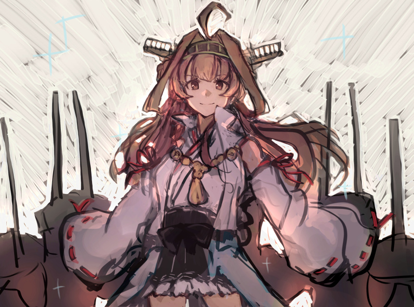 1girl ahoge bangs black_skirt brown_eyes brown_hair detached_sleeves double_bun eyebrows_visible_through_hair frilled_skirt frills headgear highres japanese_clothes kantai_collection kongou_(kancolle) long_hair long_sleeves moor nontraditional_miko popped_collar remodel_(kantai_collection) ribbon-trimmed_sleeves ribbon_trim rigging simple_background skirt smile solo tassel wide_sleeves
