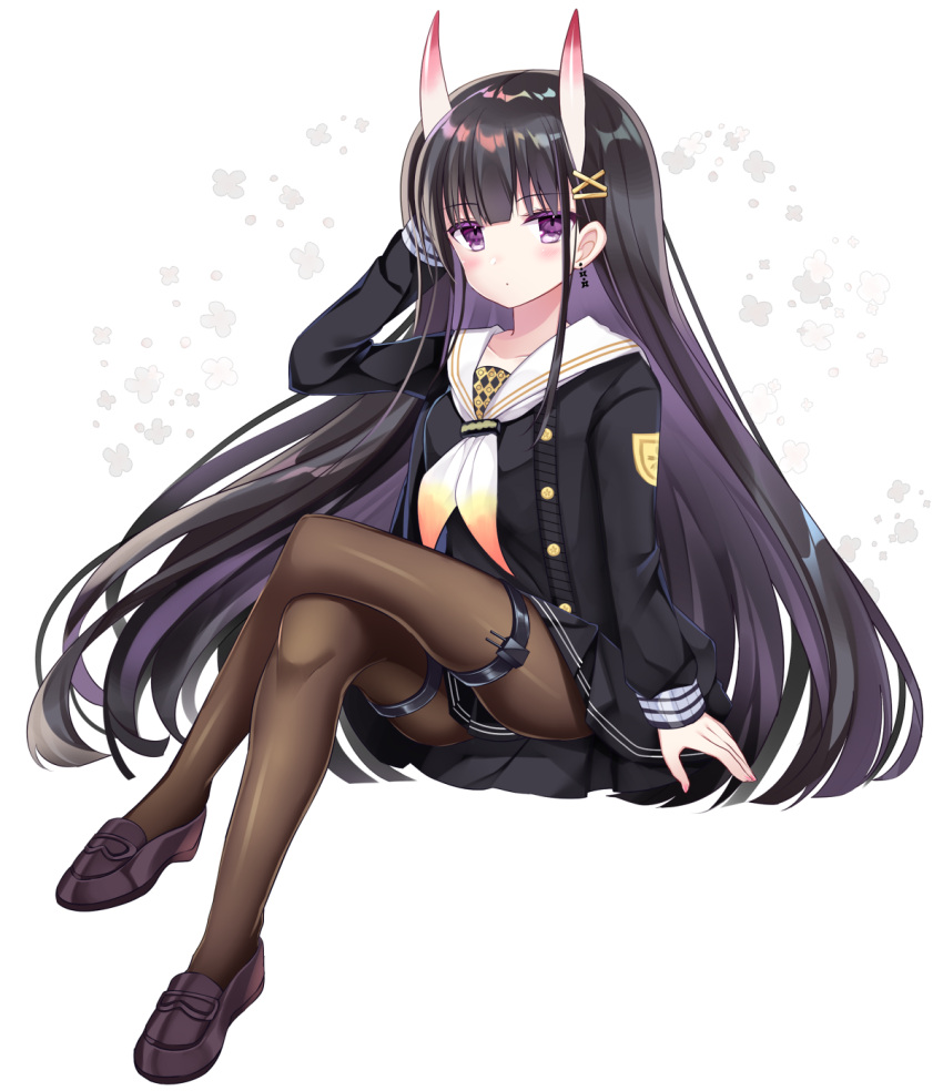 1girl arm_behind_head arm_up azur_lane bangs black_footwear black_hair black_jacket black_shirt black_skirt blush breasts brown_legwear closed_mouth commentary_request crossed_legs earrings eyebrows_visible_through_hair floral_background full_body hair_ornament hairclip highres horns jacket jewelry loafers long_hair long_sleeves looking_at_viewer medium_breasts nail_polish neckerchief noshiro_(azur_lane) oni oni_horns open_clothes open_jacket pantyhose pink_nails pleated_skirt sailor_collar shikito shirt shoes simple_background sitting skirt solo very_long_hair violet_eyes white_background white_neckwear white_sailor_collar x_hair_ornament