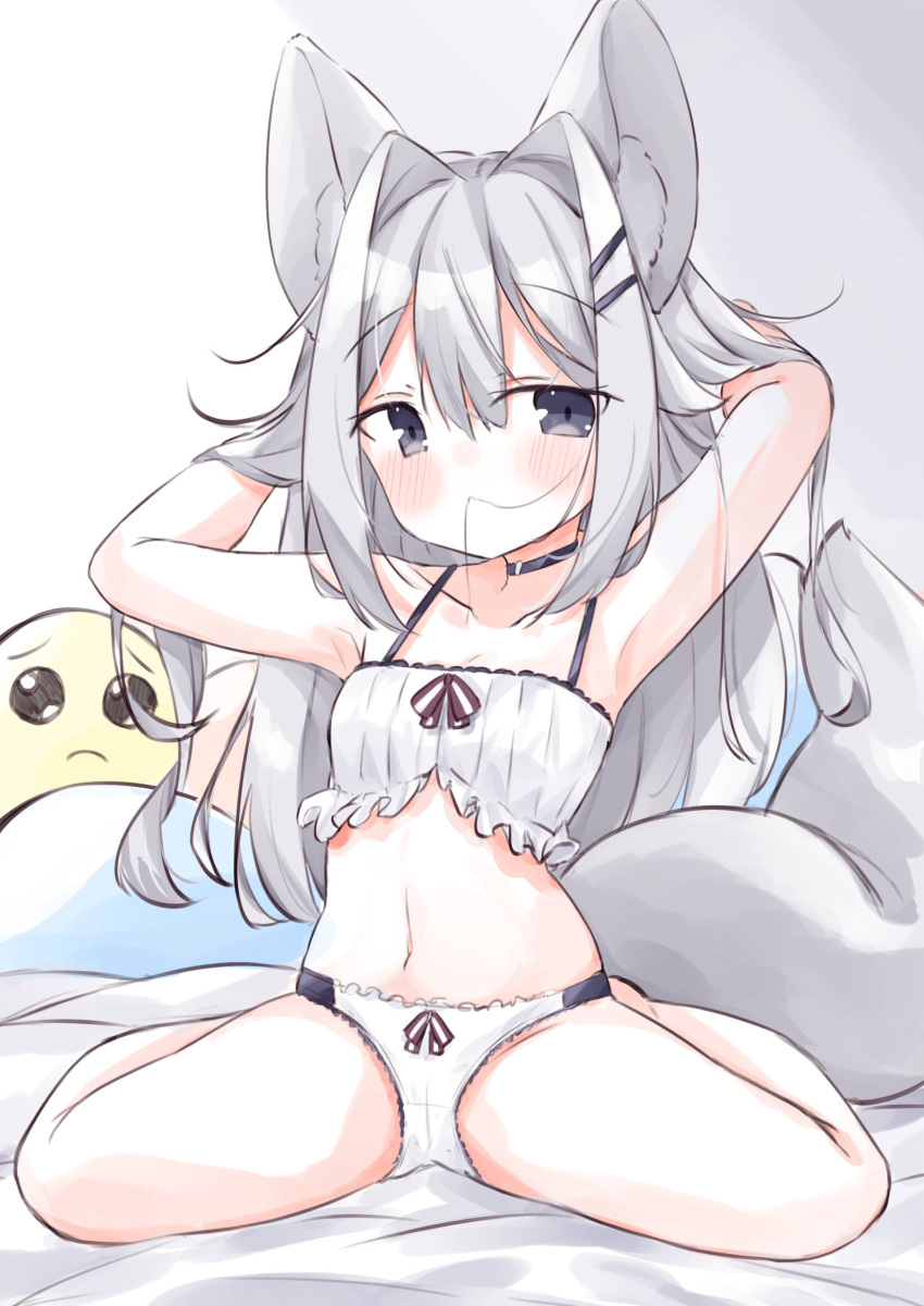 1girl absurdres animal_ear_fluff animal_ears armpits arms_behind_head arms_up bangs bare_arms bare_legs bare_shoulders blush bow bow_bra bow_panties bra collarbone commentary_request eyebrows_visible_through_hair fox_ears fox_girl fox_tail grey_eyes grey_hair hair_between_eyes hair_in_mouth hair_ornament hairclip highres long_hair minato_yu_(0514) navel original panties pien sitting solo tail underwear underwear_only very_long_hair wariza white_bra white_panties