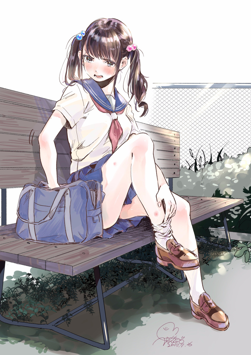 1girl absurdres bag bench blue_sailor_collar blue_skirt blush brown_footwear bruise chain-link_fence d: dated fence from_side full_body geshumaro grass green_eyes hair_bobbles hair_ornament highres injury knee_up looking_at_viewer miniskirt necktie on_bench open_mouth original pleated_skirt red_neckwear sailor_collar school_bag school_uniform serafuku shirt shoes short_sleeves signature sitting skirt socks solo twintails white_legwear white_shirt