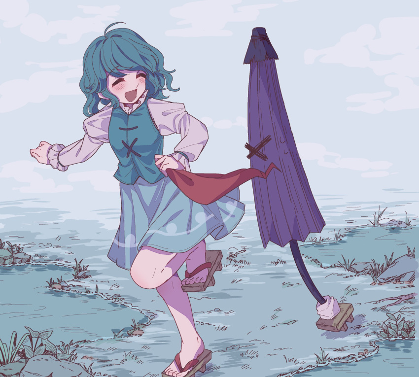 1girl 1other aqua_skirt blue_hair blue_vest commentary_request dragging frilled_shirt_collar frills geta highres long_sleeves open_mouth puffy_sleeves running satomachi shirt short_hair skirt smile sweatdrop tatara_kogasa tongue tongue_out touhou umbrella vest white_shirt x_x