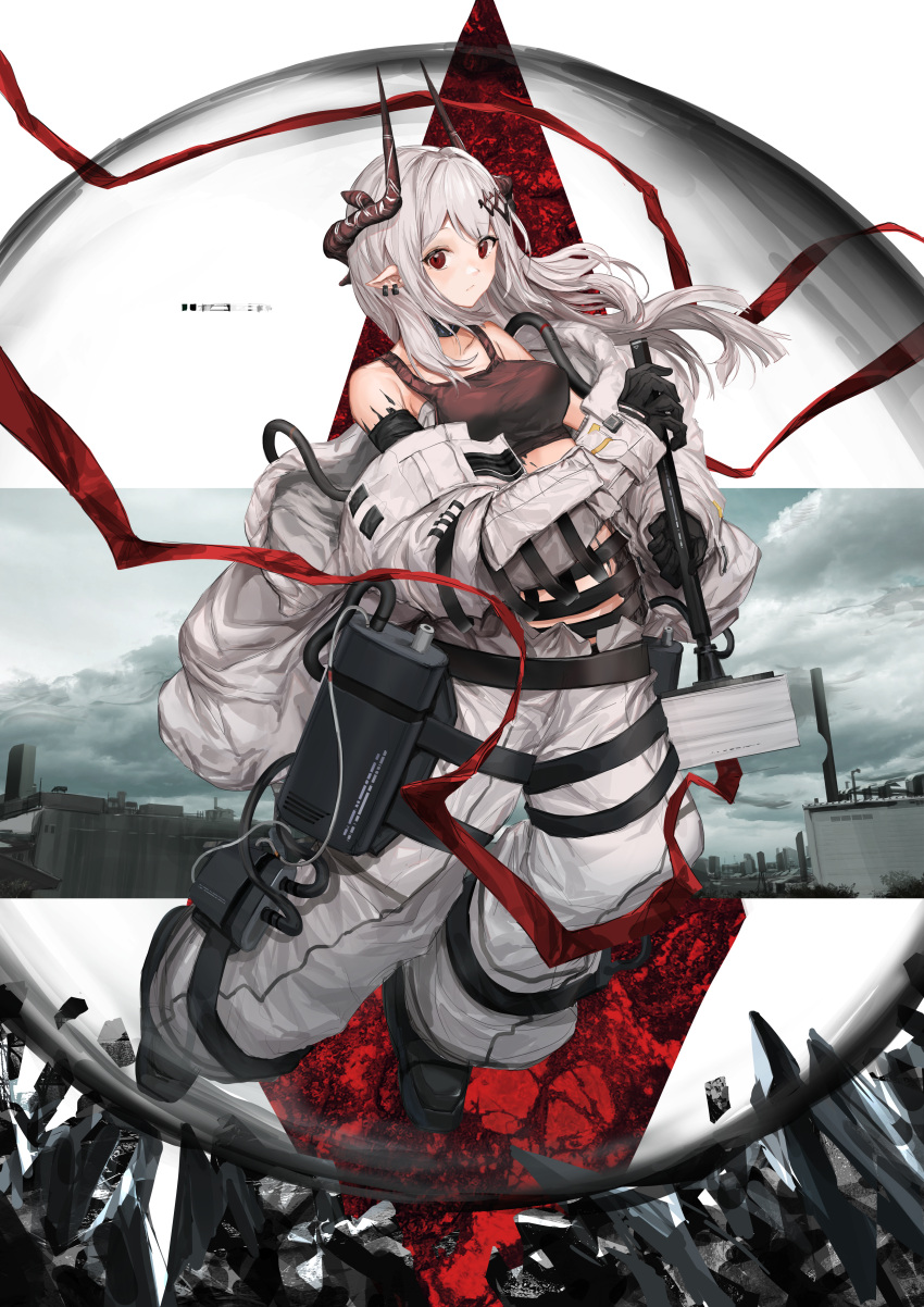 1girl absurdres akatone arknights bare_shoulders black_choker black_gloves black_shirt breasts choker coat commentary_request crop_top full_body gloves hammer highres holding holding_hammer horns huge_filesize large_breasts leg_belt long_hair looking_at_viewer midriff mudrock_(arknights) navel off_shoulder open_clothes open_coat originium_arts_(arknights) oripathy_lesion_(arknights) oversized_clothes pants pointy_ears red_eyes shirt shoes sidelocks sledgehammer sleeveless sleeveless_shirt solo standing stomach tank_top weapon white_coat white_hair white_pants