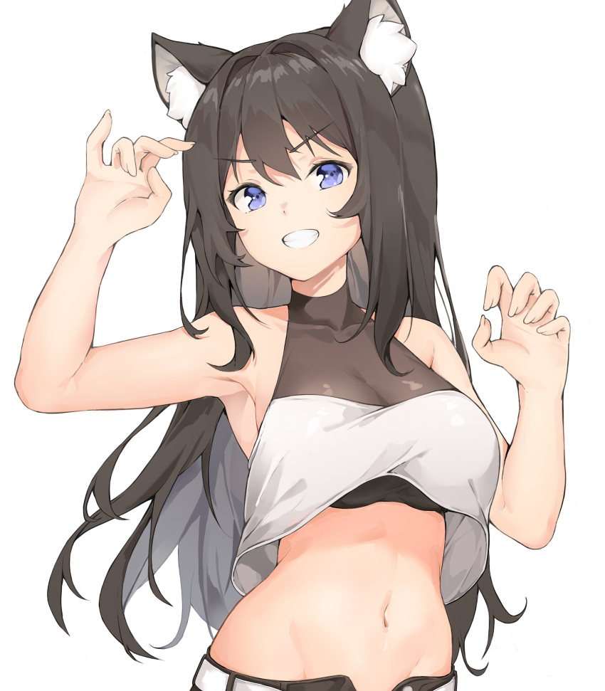 1girl absurdres animal_ear_fluff animal_ears arm_up armpits bare_arms bare_shoulders belt black_hair blue_eyes breasts cat_ears claw_pose collarbone crop_top crop_top_overhang grin hand_up highres kiro_(kirotayu) long_hair looking_at_viewer medium_breasts midriff navel open_fly original shirt simple_background sleeveless sleeveless_shirt smile solo stomach upper_body v-shaped_eyebrows white_background white_shirt