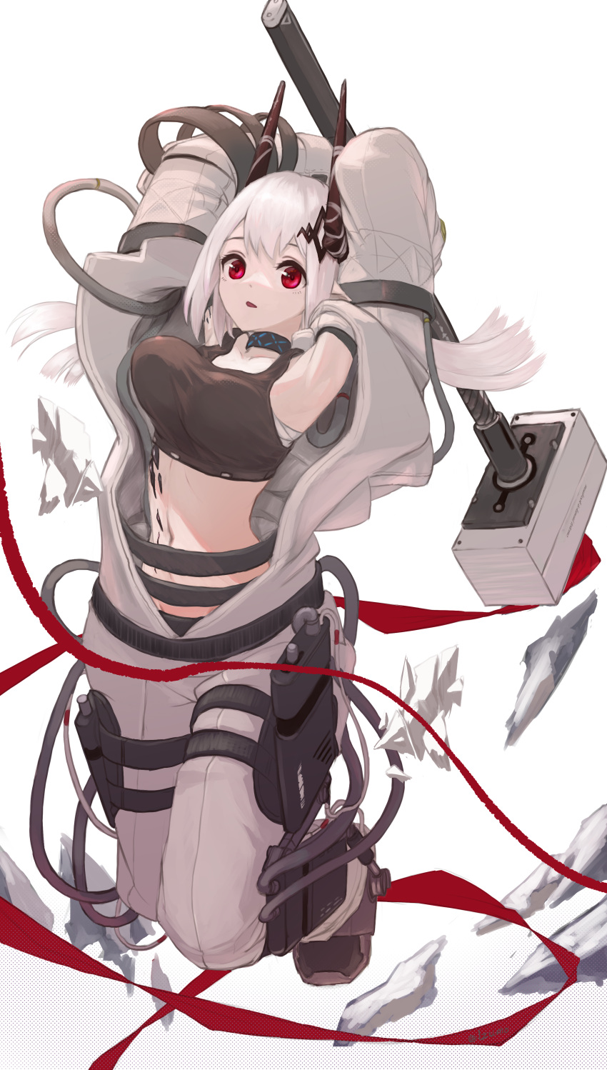 1girl absurdres arknights arms_up black_horns black_tank_top bouncing_breasts breasts collarbone commentary_request crop_top full_body hair_ornament hammer highres holding holding_hammer holding_weapon horns infection_monitor_(arknights) izumo_(ton_63) jumping jumpsuit large_breasts long_hair looking_at_viewer midair mudrock_(arknights) open_jumpsuit open_mouth oripathy_lesion_(arknights) partial_commentary red_eyes red_ribbon ribbon sarashi simple_background sledgehammer solo tank_top weapon white_background white_hair white_jumpsuit
