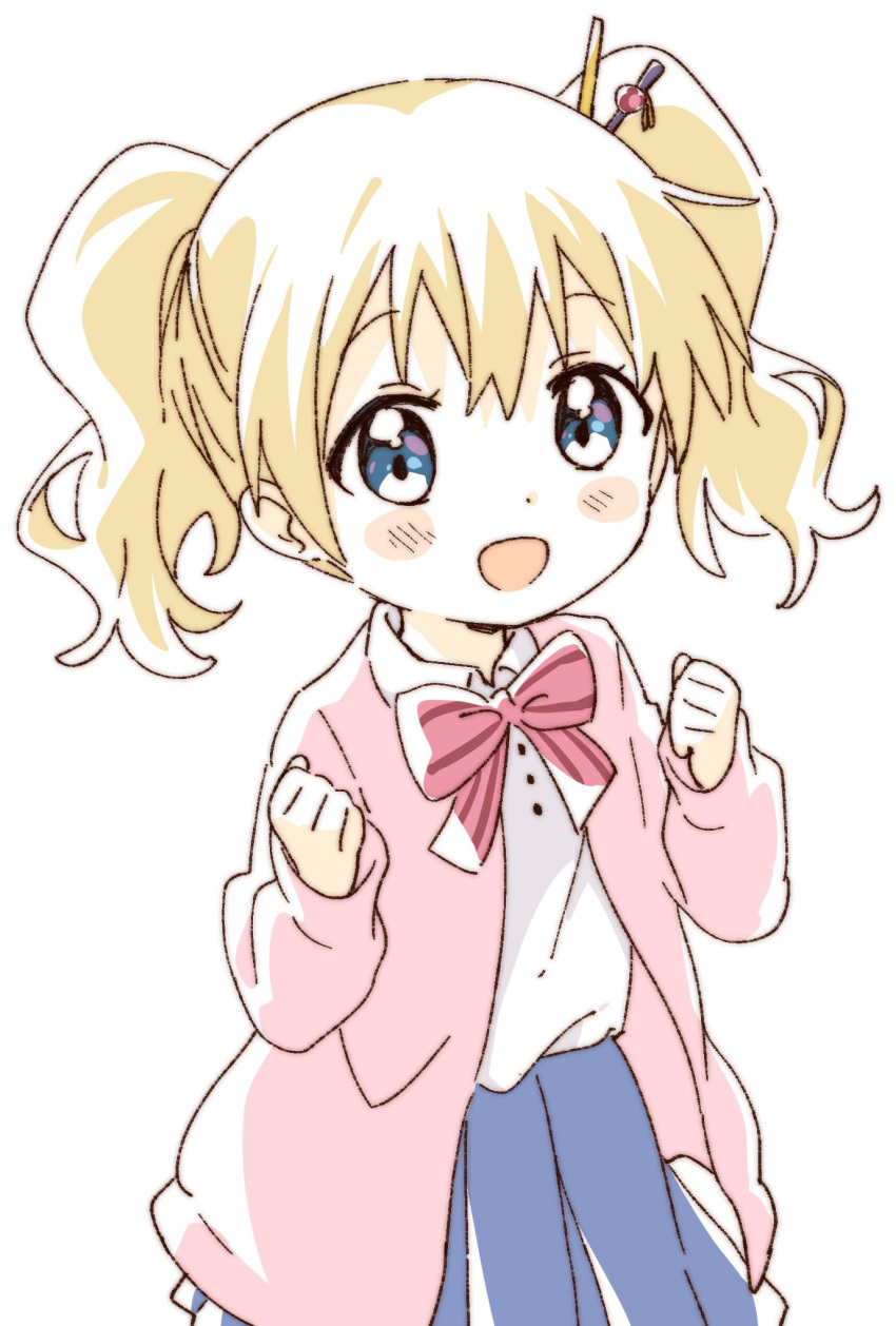 1girl :d alice_cartelet blonde_hair blue_eyes bow cardigan hair_ornament highres kin-iro_mosaic looking_at_viewer namori open_cardigan open_clothes open_mouth short_hair smile solo twintails