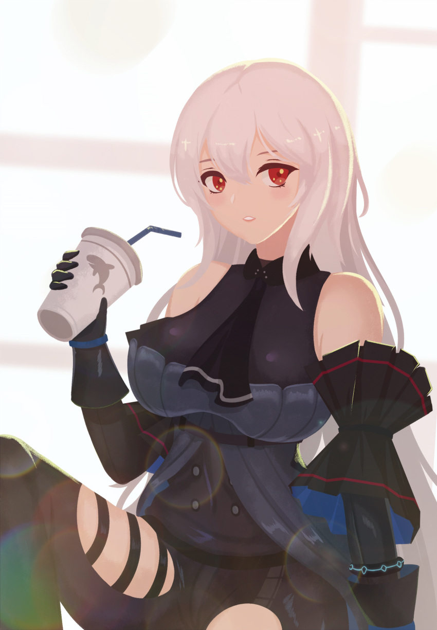 1girl arknights arm_cuffs ascot bare_shoulders black_gloves black_neckwear black_pants black_shirt breasts chinese_commentary clothing_cutout commentary cup disposable_cup drinking_straw elite_ii_(arknights) eyebrows_visible_through_hair from_behind gloves gradient gradient_background hair_between_eyes hand_up highres holding holding_cup infection_monitor_(arknights) lieyan_huangzi long_hair looking_at_viewer looking_to_the_side low-tied_long_hair medium_breasts no_hat no_headwear pants parted_lips red_eyes shirt sideways_glance silver_hair sitting skadi_(arknights) solo thigh_cutout thigh_strap thighs very_long_hair