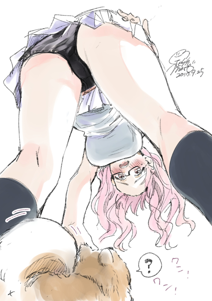 1girl ? absurdres ass bent_over black_panties blush breasts dated dog from_below geshumaro grey_legwear highres kneepits large_breasts long_hair miniskirt mole mole_under_eye open_mouth original panties pantyshot pink_hair shirt signature skirt socks solo spoken_question_mark underwear upside-down white_shirt white_skirt