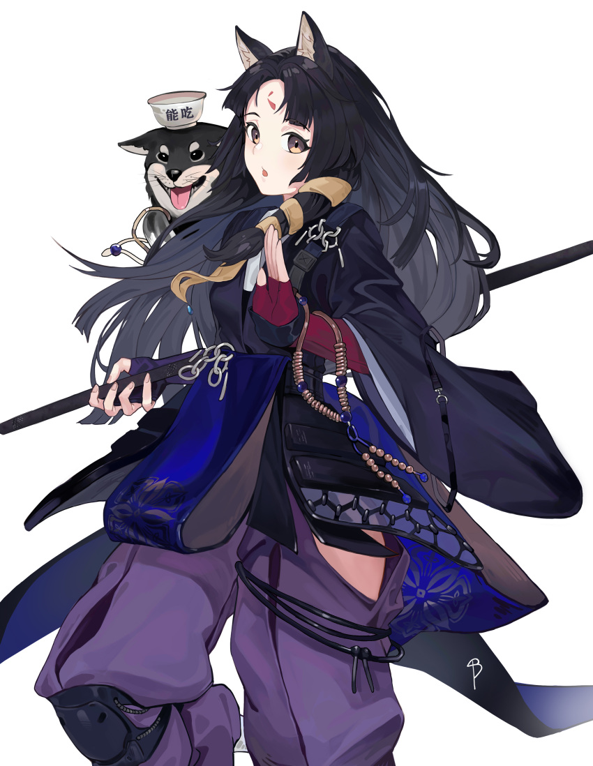 1girl absurdres animal animal_ear_fluff animal_ears arknights armor beads black_eyes black_hair brown_eyes cup facial_mark fingerless_gloves fingernails gem gloves gradient highres holding knee_pads lan_xiezi long_hair long_sleeves looking_at_viewer open_mouth prayer_beads purple_gloves red_gloves saga_(arknights) signature simple_background tongue tongue_out white_background wide_sleeves