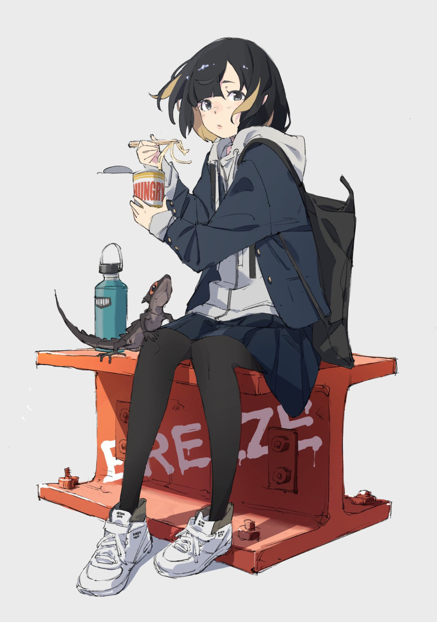 1girl animal black_hair black_pantyhose blue_jacket blue_skirt blush bottle brown_hair chopsticks commentary_request cup disposable_cup full_body grey_background grey_eyes highres holding holding_chopsticks holding_cup hood hood_down hoodie jacket lizard looking_at_viewer multicolored_hair open_clothes open_jacket original pantyhose parted_lips pleated_skirt popman3580 ramen shoes simple_background skirt solo steel_beam two-tone_hair white_footwear white_hoodie