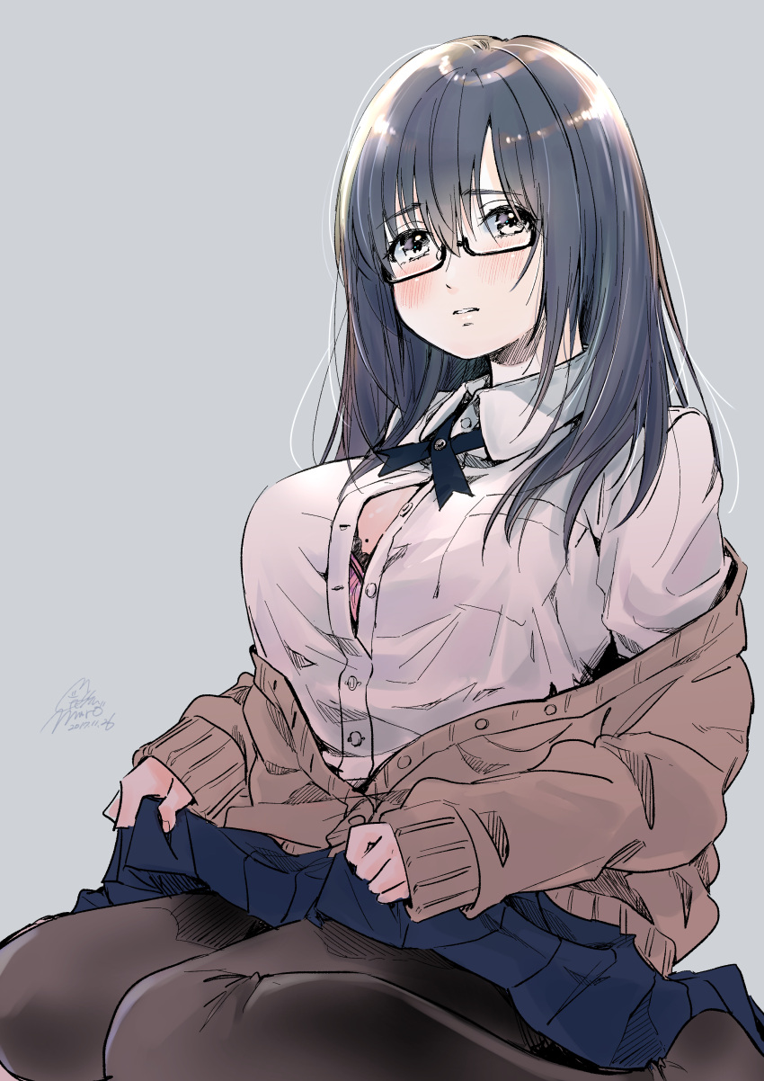 1girl absurdres black-framed_eyewear blue_skirt blush breasts brown_cardigan brown_legwear button_gap cardigan dated geshumaro glasses grey_background grey_eyes grey_hair highres large_breasts long_hair long_sleeves looking_at_viewer miniskirt mole mole_on_breast off_shoulder original pantyhose parted_lips pleated_skirt semi-rimless_eyewear shirt signature simple_background sitting skirt solo under-rim_eyewear wariza white_shirt