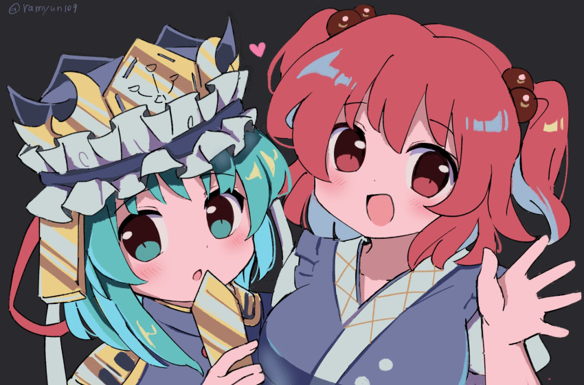2girls :d :o asymmetrical_hair blue_vest blush breasts gold_trim green_eyes green_hair grey_background hair_bobbles hair_ornament hat highres japanese_clothes kimono large_breasts multiple_girls onozuka_komachi open_mouth ramudia_(lamyun) red_eyes redhead rod_of_remorse shiki_eiki short_hair simple_background smile touhou two_side_up upper_body vest waving