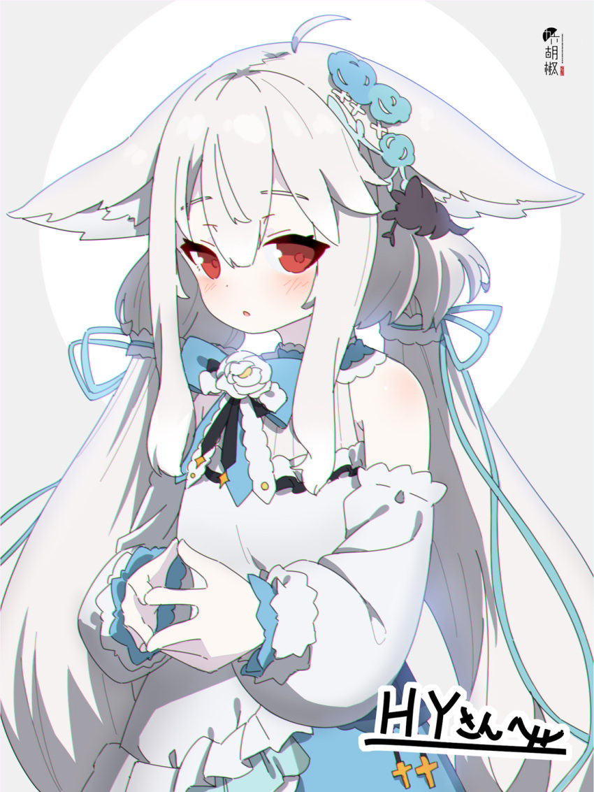 1girl :o ahoge animal_ear_fluff animal_ears bangs bare_shoulders blue_bow blue_ribbon blush bow commentary commission detached_sleeves dress eyebrows_visible_through_hair flower grey_background grey_hair hair_between_eyes hair_ribbon highres kuro_kosyou long_hair long_sleeves looking_at_viewer original parted_lips puffy_long_sleeves puffy_sleeves red_eyes ribbon rose sakurada_shiro skeb_commission sleeveless sleeveless_dress sleeves_past_wrists solo steepled_fingers two-tone_background very_long_hair white_background white_dress white_flower white_rose white_sleeves