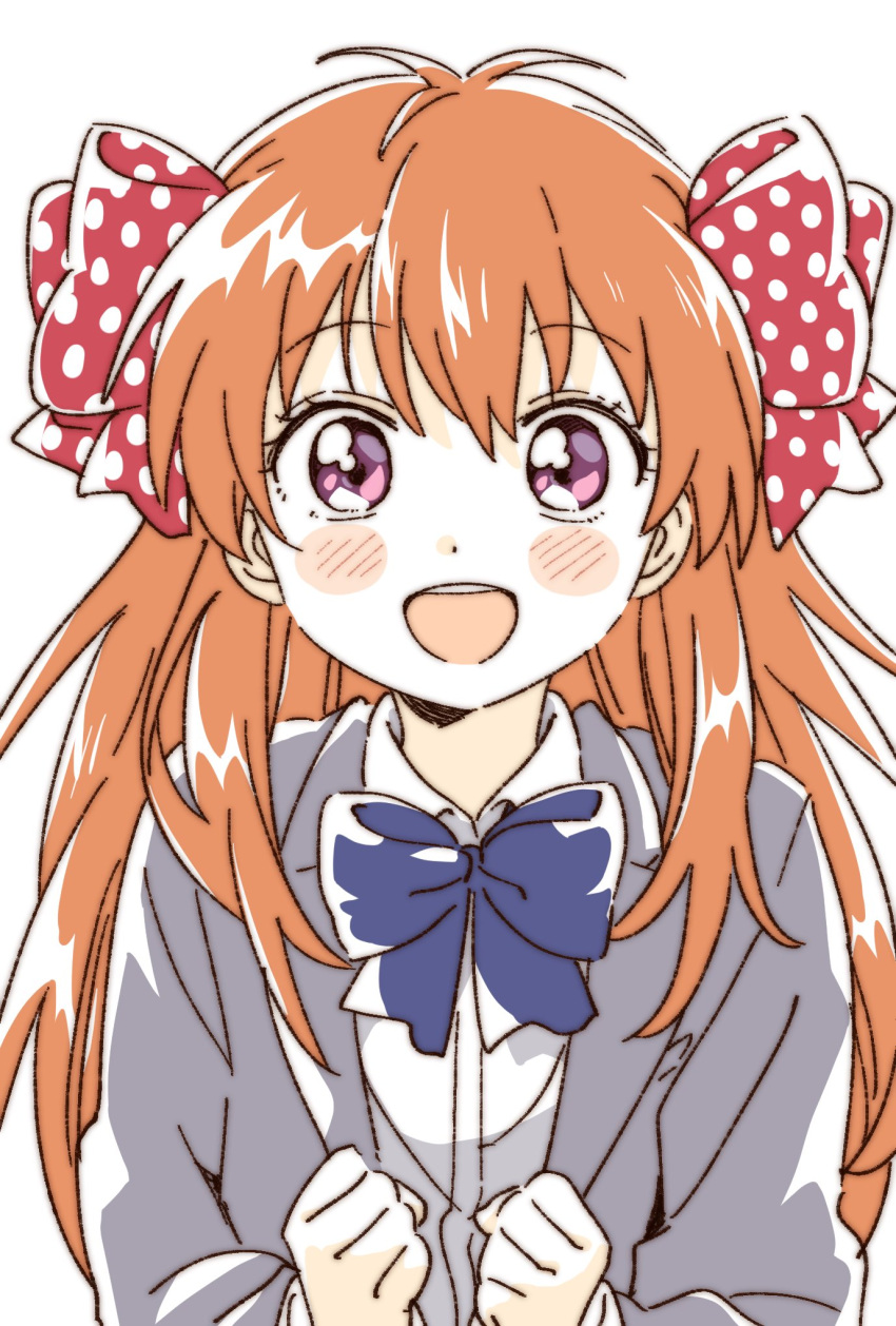 1girl :d bangs blazer blue_bow blush_stickers bow bowtie clenched_hands collared_shirt commentary disconnected_mouth eyebrows_visible_through_hair gekkan_shoujo_nozaki-kun grey_jacket hair_bow happy highres jacket long_hair long_sleeves looking_at_viewer namori open_clothes open_jacket open_mouth orange_hair polka_dot polka_dot_bow red_bow rouman_academy_uniform sakura_chiyo school_uniform shirt simple_background smile solo symbol_commentary upper_body upper_teeth violet_eyes white_background white_shirt