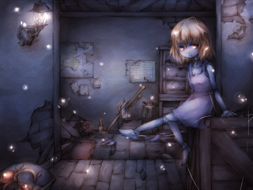 1girl bangs barefoot blonde_hair book box calendar_(object) candle chair colored_skin commentary_request doll_joints dress eyebrows_visible_through_hair fire flame full_body grey_skin hair_between_eyes highres indoors joints lantern looking_at_viewer lunaraven map marionette_(ro) messy_room pink_dress ragnarok_online red_eyes shelf sitting solo string table