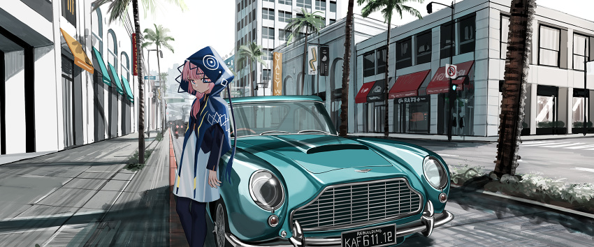 1girl blue_eyes blue_hoodie blue_jacket car city commentary_request ground_vehicle highres hood hooded_jacket hoodie jacket kaf long_hair long_sleeves looking_at_viewer luicent motor_vehicle outdoors palm_tree pink_hair road solo standing street tree virtual_kaf virtual_youtuber