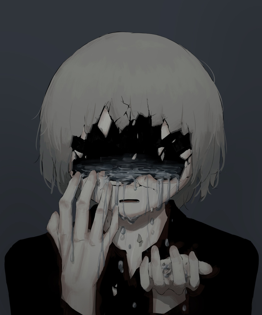 1other absurdres ambiguous_gender avogado6 black_shirt cracked_skin crying grey_background grey_hair hands_up highres long_sleeves original shirt simple_background solo symbolism