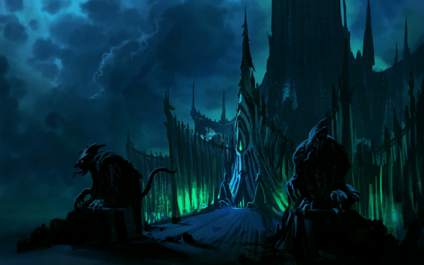 absurdres castle clouds cloudy_sky english_commentary glowing glowing_eye green_theme highres legendarium long_tongue minas_morgul night no_humans philipp_urlich road scenery sky statue tail the_lord_of_the_rings tongue tower