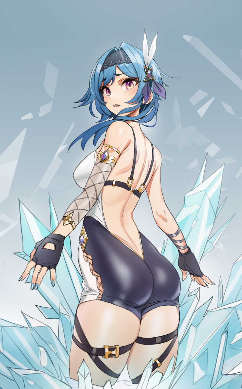 1girl absurdres ass back backless_outfit bangs bare_shoulders black_hairband blue_hair blush breasts eula_lawrence genshin_impact hairband highres ice kiritzugu large_breasts looking_at_viewer looking_back medium_hair open_mouth solo thighs violet_eyes
