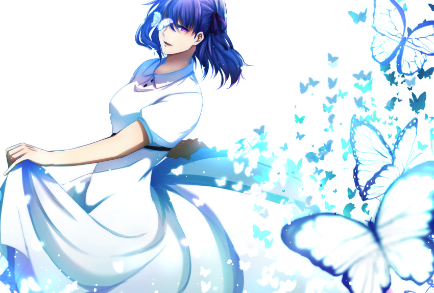1girl bug butterfly clothes_lift commentary dress dress_lift fate/stay_night fate_(series) goyou_(kageroi) hair_ribbon highres insect looking_at_viewer matou_sakura medium_hair official_alternate_costume open_mouth puffy_short_sleeves puffy_sleeves purple_hair red_ribbon ribbon short_sleeves simple_background smile solo translated violet_eyes white_background white_dress