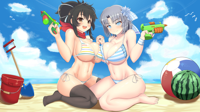 2girls :d asuka_(senran_kagura) ball beach beachball bikini black_hair black_legwear blue_eyes blush bow breasts brown_eyes bucket castell closed_mouth clouds cloudy_sky day food fruit full_body hair_bow hair_ribbon highres holding_hands interlocked_fingers large_breasts looking_at_viewer medium_hair multiple_girls open_mouth outdoors ribbon scarf senran_kagura shovel side-tie_bikini silver_hair sitting sky smile striped striped_bikini swimsuit thigh-highs wariza water_gun watermelon yumi_(senran_kagura)