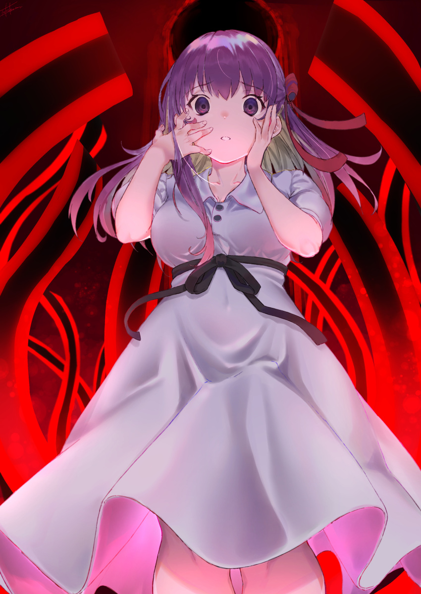 1girl absurdres breasts commentary_request dress facing_viewer fate/stay_night fate_(series) hair_ribbon hands_on_own_face hands_up highres looking_at_viewer matou_sakura medium_breasts official_alternate_costume parted_lips puffy_short_sleeves puffy_sleeves purple_hair red_ribbon ribbon short_sleeves solo takubon violet_eyes white_dress