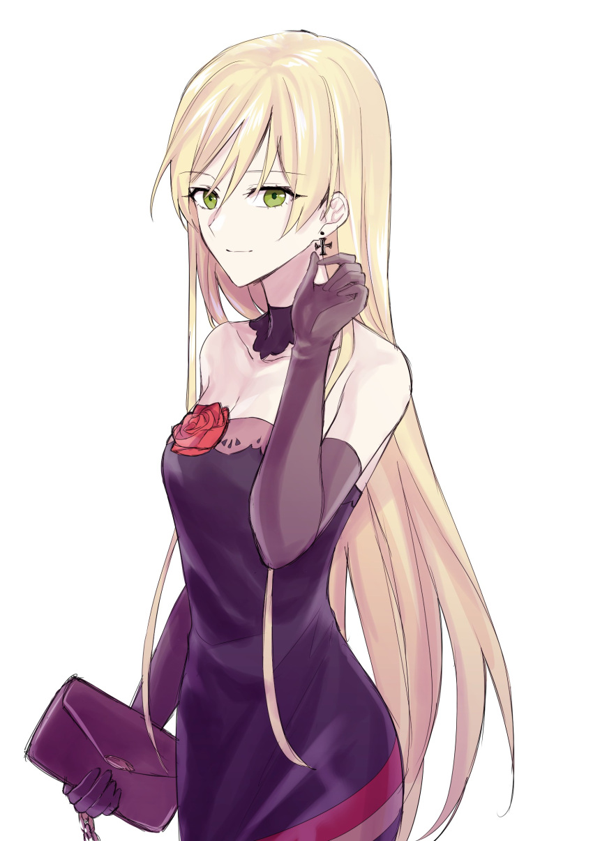 1girl absurdres bag bare_shoulders black_gloves blonde_hair breasts closed_mouth collarbone cross cross_earrings dress dress_flower earrings elbow_gloves eyebrows_visible_through_hair feet_out_of_frame girls_frontline gloves green_eyes highres holding holding_bag holding_ear jewelry long_hair looking_at_viewer purple_dress small_breasts smile solo standing stg44_(girls_frontline) suprii white_background