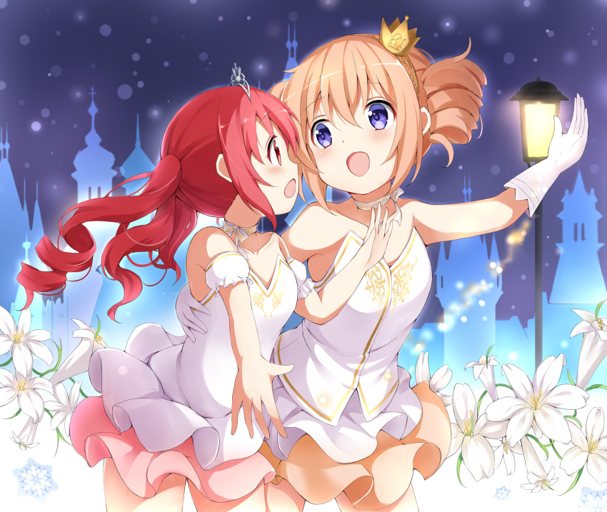 2girls :d absurdres bangs bare_shoulders blue_eyes blush brown_hair brown_skirt collarbone commentary_request crown dress drill_hair eye_contact eyebrows_visible_through_hair flower gloves gochuumon_wa_usagi_desu_ka? hair_between_eyes hand_up highres hoto_cocoa lamppost long_hair looking_at_another mini_crown multiple_girls natsu_megumi open_mouth pink_skirt pleated_skirt profile red_eyes redhead skirt smile stick_jitb tiara tilted_headwear twin_drills twintails white_dress white_flower white_gloves