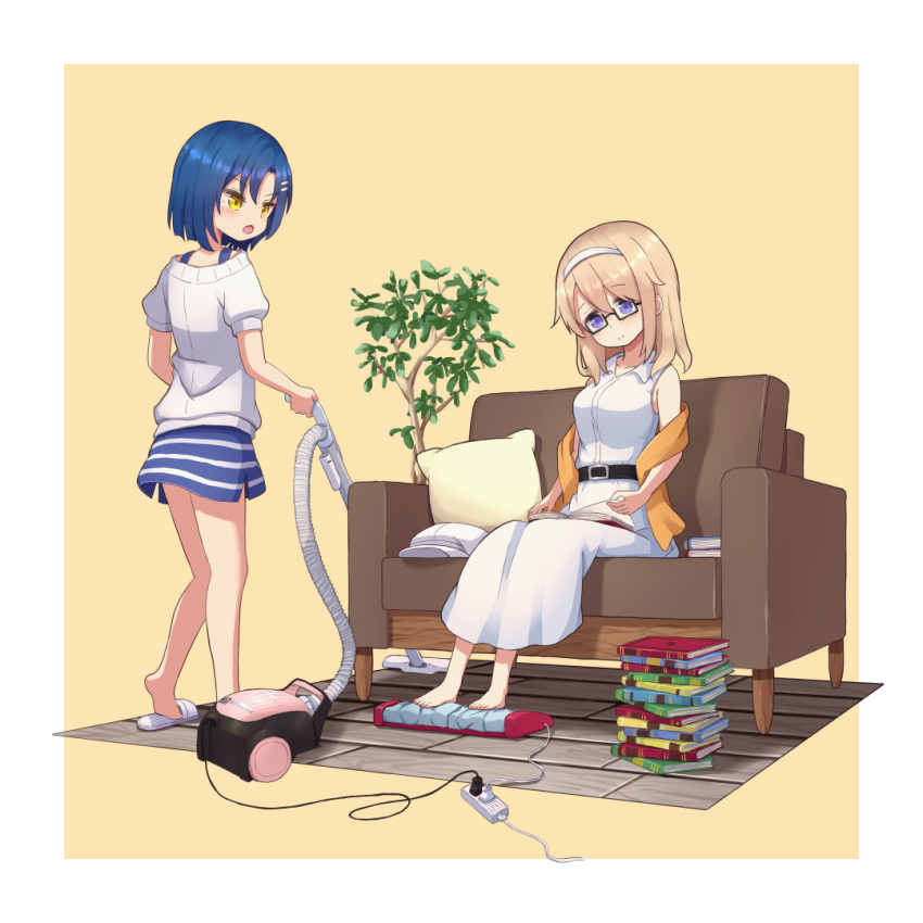 2girls aoyama_blue_mountain barefoot belt black_belt blonde_hair blue_eyes book book_stack closed_mouth collarbone dress extension_cord foot_massage from_behind glasses gochuumon_wa_usagi_desu_ka? hairband horizontal_stripes mate_rin mohei multiple_girls open_mouth reading simple_background sitting skirt slippers striped striped_skirt vacuum_cleaner violet_eyes white_dress yellow_background yellow_eyes