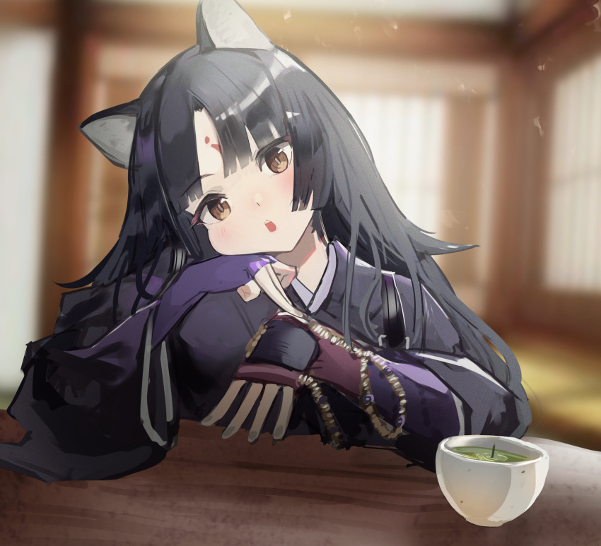 1girl absurdres animal_ears arknights bannnouyakunta black_hair blurry blush cup depth_of_field dog_ears facial_mark fingerless_gloves forehead_mark gloves green_tea highres indoors long_hair looking_at_viewer open_mouth purple_gloves purple_shirt saga_(arknights) shirt solo table tea upper_body yellow_eyes