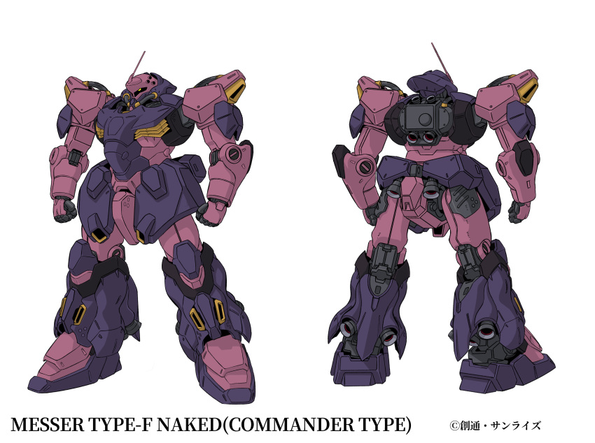 absurdres character_name character_sheet clenched_hands from_behind gundam gundam_hathaway's_flash highres mecha messer_(mobile_suit) mobile_suit multiple_views no_humans official_art one-eyed radio_antenna science_fiction standing white_background yellow_eyes