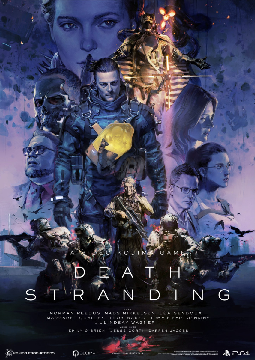 3girls 6+boys assault_rifle baby beard black_gloves character_request copyright_name death_stranding facial_hair floating glasses gloves glowing gun head_tilt highres holding holding_gun holding_weapon looking_at_viewer looking_to_the_side looking_up multiple_boys multiple_girls official_art open_hands open_mouth pablo parted_lips realistic rifle soldier submachine_gun tank_top walking weapon