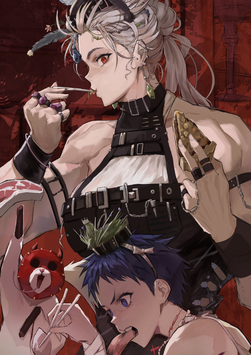 1boy 1girl apron belt breasts cake cake_slice collar dorohedoro earrings eating ebisu_(dorohedoro) food hair_ornament highres jewelry kikurage_(dorohedoro) large_breasts long_hair muscular muscular_female noi_(dorohedoro) open_mouth park_ongjol ponytail red_eyes shirt short_hair sticks tall_female white_hair white_shirt