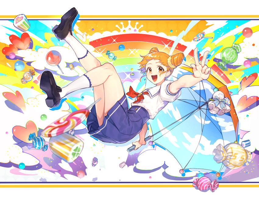 1girl :d aikatsu! aikatsu!_(series) arisugawa_otome black_footwear blurry blurry_foreground candy collared_shirt colorful commentary_request depth_of_field food full_body hair_cones hair_ornament hair_scrunchie heart high-waist_skirt highres hitoto holding holding_umbrella kneehighs loafers lollipop looking_at_viewer medium_skirt open_mouth orange_eyes orange_hair outstretched_arm pleated_skirt print_umbrella puffy_short_sleeves puffy_sleeves purple_skirt rainbow reaching_out red_neckwear scrunchie shiny shiny_hair shirt shirt_tucked_in shoes short_hair short_sleeves skirt sky_print smile solo sparkle starlight_academy_uniform teruterubouzu umbrella v white_legwear white_shirt yellow_scrunchie