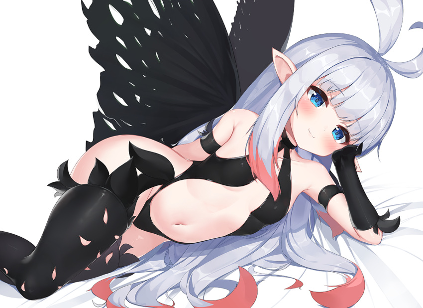 1girl 2drr anne_(bravely_second) antenna_hair arm_behind_back black_footwear black_gloves black_legwear black_leotard blue_eyes blush boots bravely_default_(series) bravely_second:_end_layer breasts butterfly_wings center_opening cheek_rest commission commissioner_upload fairy gloves highleg highleg_leotard legs leotard long_hair lying on_side pixiv_request pointy_ears silver_hair smile solo thigh-highs thigh_boots thighs wings