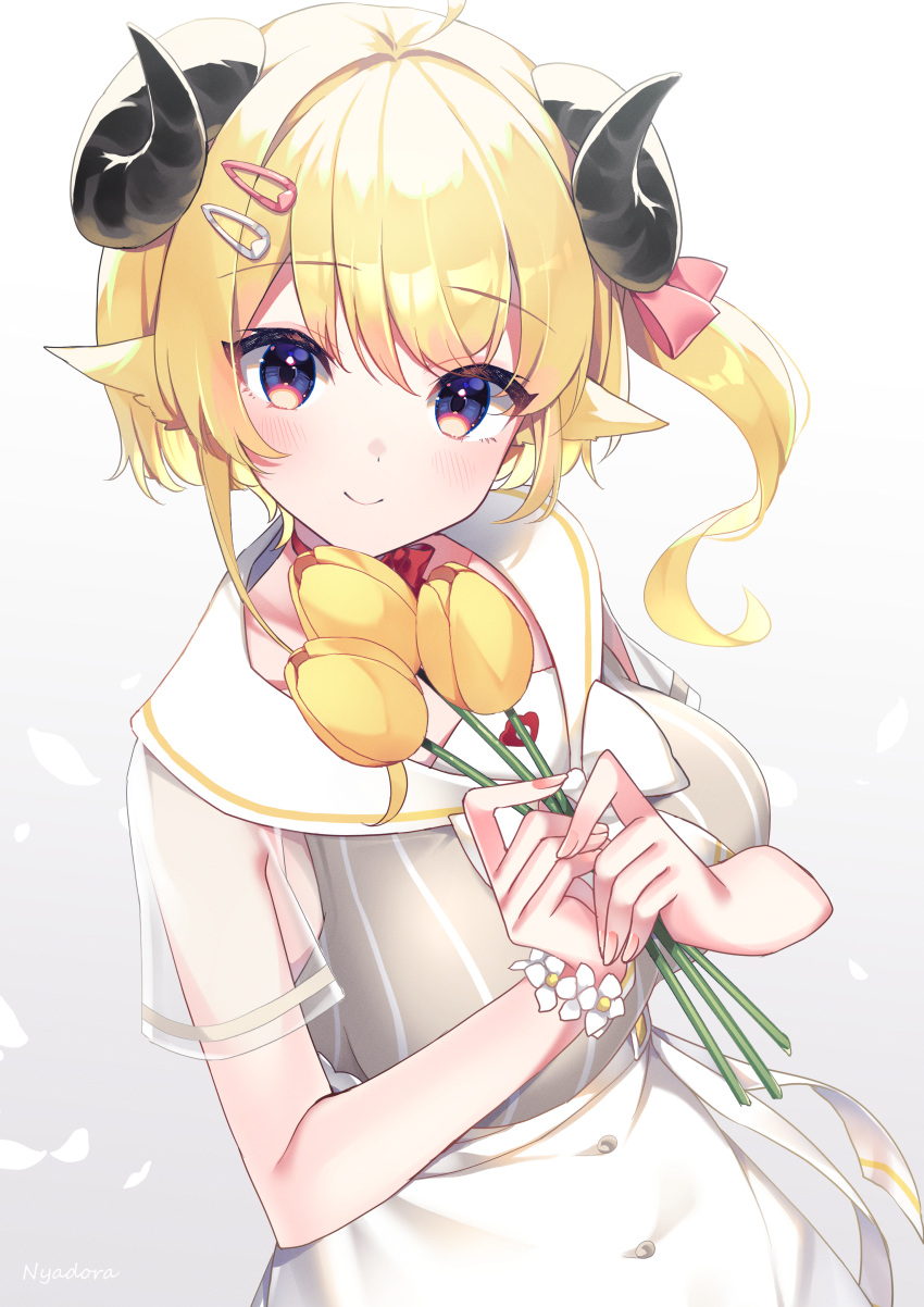 1girl absurdres animal_ears bangs blonde_hair blush bow breasts choker closed_mouth commentary_request curled_horns eyebrows_visible_through_hair fingernails flower flower_bracelet from_above hair_between_eyes hair_ribbon head_tilt high-waist_skirt highres holding holding_flower hololive horns large_breasts long_hair looking_at_viewer multicolored multicolored_eyes nyasunyadoora official_alternate_costume pink_ribbon red_choker ribbon ribbon_choker sailor_collar see-through_sleeves sheep_ears sheep_girl sheep_horns short_sleeves side_ponytail signature skirt smile solo striped tsunomaki_watame tulip violet_eyes virtual_youtuber white_bow white_flower white_skirt yellow_eyes yellow_flower