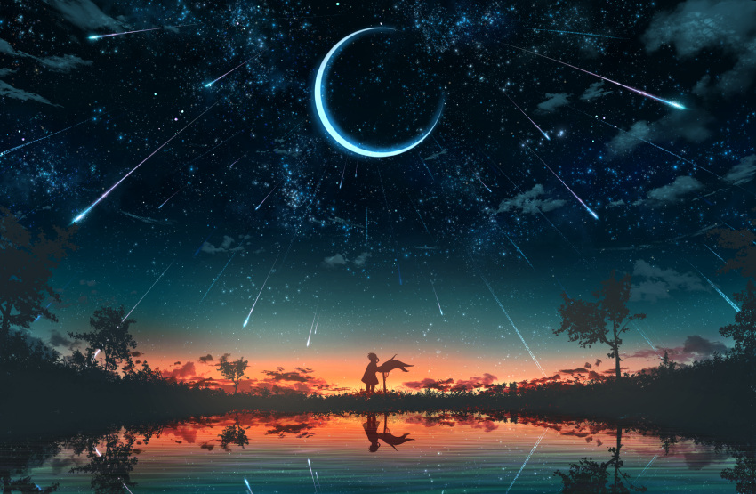 1other abisswalker8 clouds commentary crescent_moon gradient_sky grass highres looking_afar moon multicolored multicolored_sky night night_sky orange_sky original outdoors reflection scenery shooting_star sky star_(sky) starry_moon starry_sky sunset tree tree_shade water