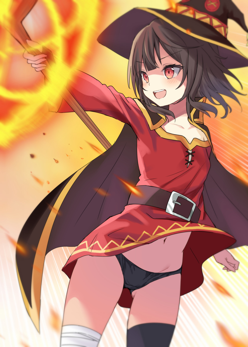 1girl akino_ell black_panties brown_hair clothes_lift commentary dress dress_lift hat highres kono_subarashii_sekai_ni_shukufuku_wo! megumin panties pantyshot red_dress red_eyes solo standing underwear wind witch_hat