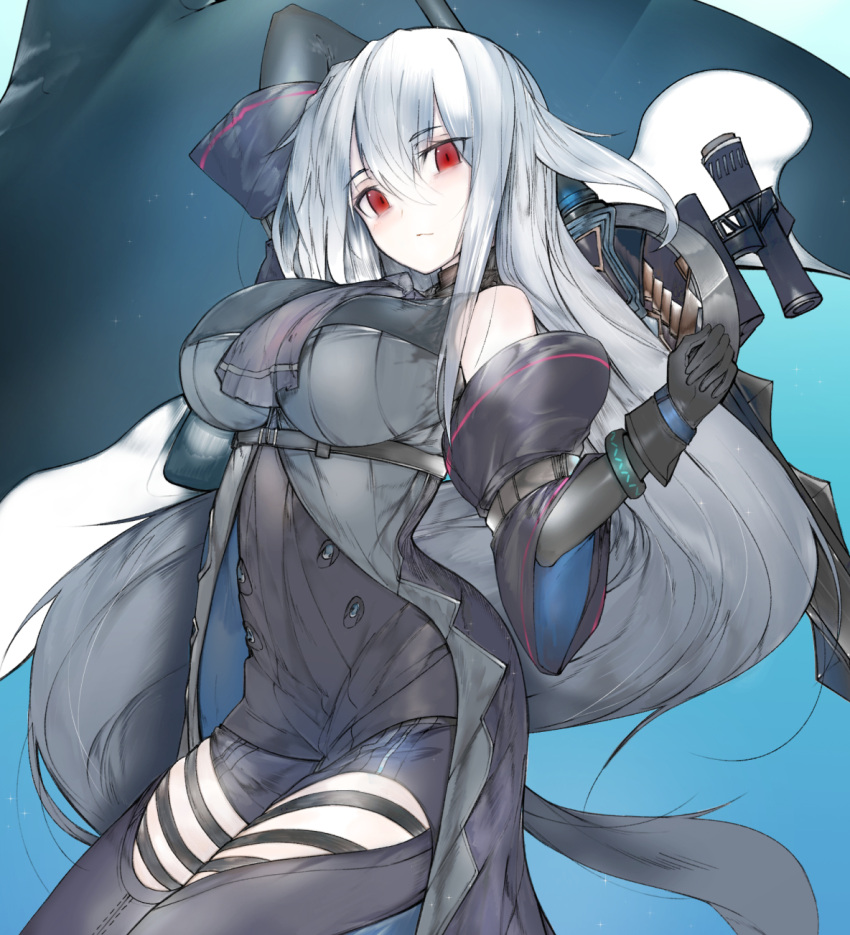 1girl arknights ascot bare_shoulders black_gloves black_neckwear black_pants blue_background clothing_cutout cowboy_shot ekuesu gloves highres holding holding_weapon long_hair looking_at_viewer low-tied_long_hair no_hat no_headwear orca pants red_eyes silver_hair skadi_(arknights) solo sword thigh_cutout thigh_strap two-tone_background very_long_hair weapon white_background