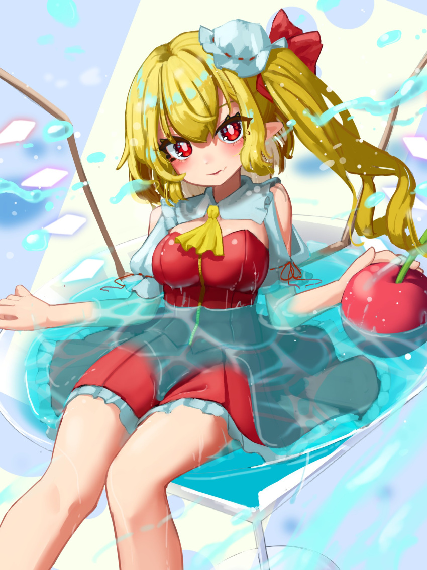 1girl absurdres apple blonde_hair blush breasts bright_pupils crystal dress fang feet_out_of_frame flandre_scarlet food fruit glowing hat highres looking_at_viewer medium_breasts mini_hat mob_cap one_side_up parted_lips partially_submerged pointy_ears red_dress red_eyes short_hair skin_fang smile solo touhou wings zakozako_y