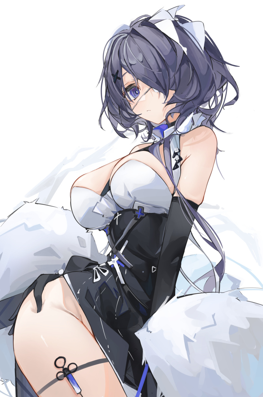 1girl arknights black_dress black_gloves black_sleeves bow breasts collar deep_skin detached_sleeves dress elbow_gloves eyepatch gloves groin hair_bow hair_ornament hair_over_one_eye highres large_breasts looking_at_viewer medical_eyepatch mikojin no_panties official_alternate_costume purple_hair short_hair solo syringe thigh_strap twisted_torso violet_eyes whisperain_(arknights) whisperain_(tremble_cold)_(arknights) white_background white_bow white_collar x_hair_ornament