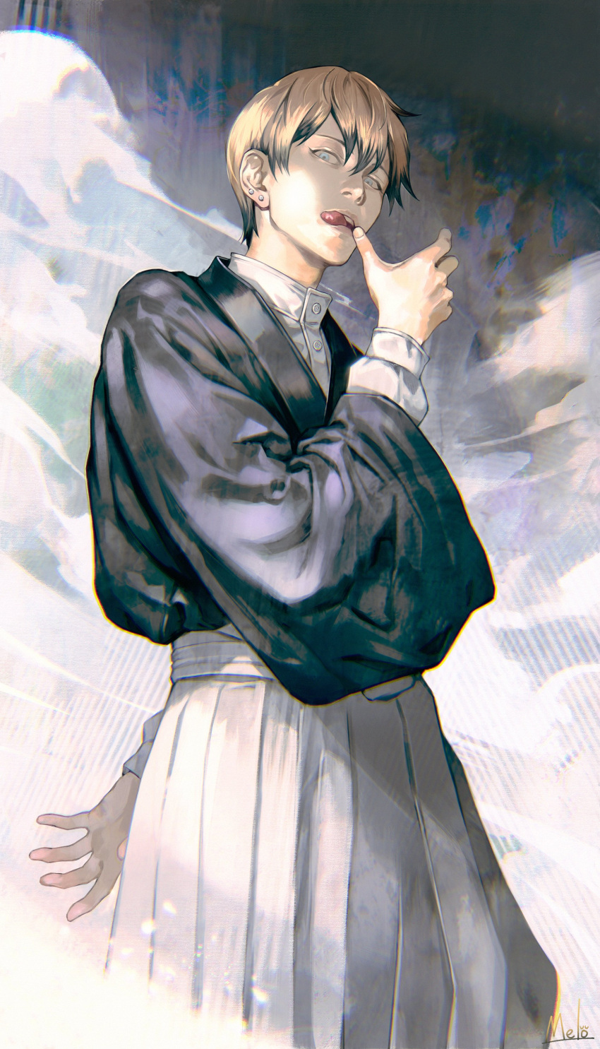 1boy :q absurdres bangs black_kimono blonde_hair blue_eyes dust_cloud ear_piercing earrings feet_out_of_frame hair_between_eyes hakama hand_up high_collar highres japanese_clothes jewelry jujutsu_kaisen kimono kyuuba_melo long_sleeves looking_at_viewer male_focus multicolored_hair parted_lips piercing shirt solo standing tongue tongue_out tsurime two-tone_hair white_shirt wide_sleeves zenin_naoya