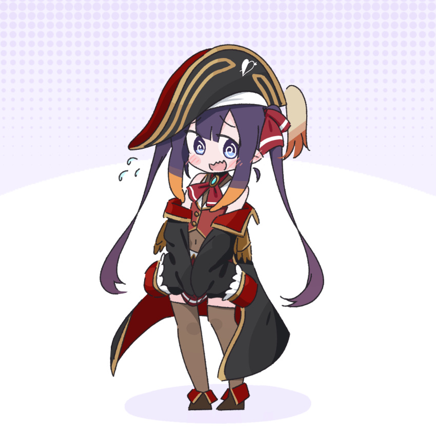 1girl @_@ bangs blush cosplay hair_ribbon hat highres hololive hololive_english houshou_marine houshou_marine_(cosplay) long_hair multicolored_hair ninomae_ina'nis pointy_ears potato7192 purple_hair ribbon skirt tentacle_hair thigh-highs twintails virtual_youtuber white_background