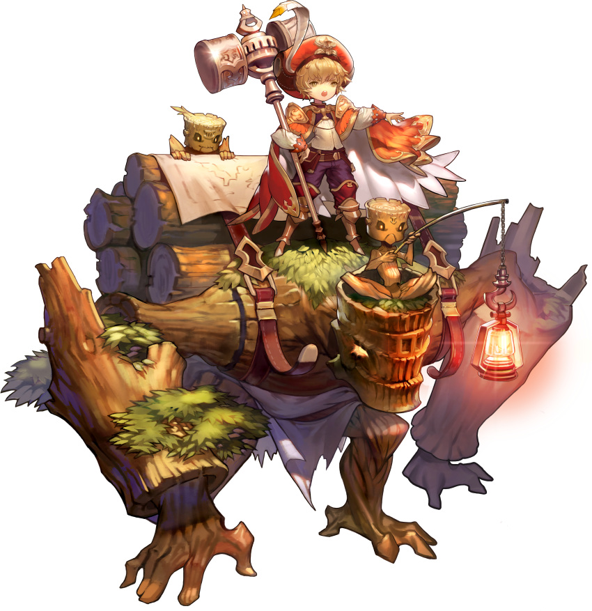 1boy absurdres bangs blonde_hair cape full_body game_cg golem golem_rider_alef guardian_tales hammer hat highres holding holding_weapon huge_filesize lantern looking_to_the_side open_mouth riding standing transparent_background weapon