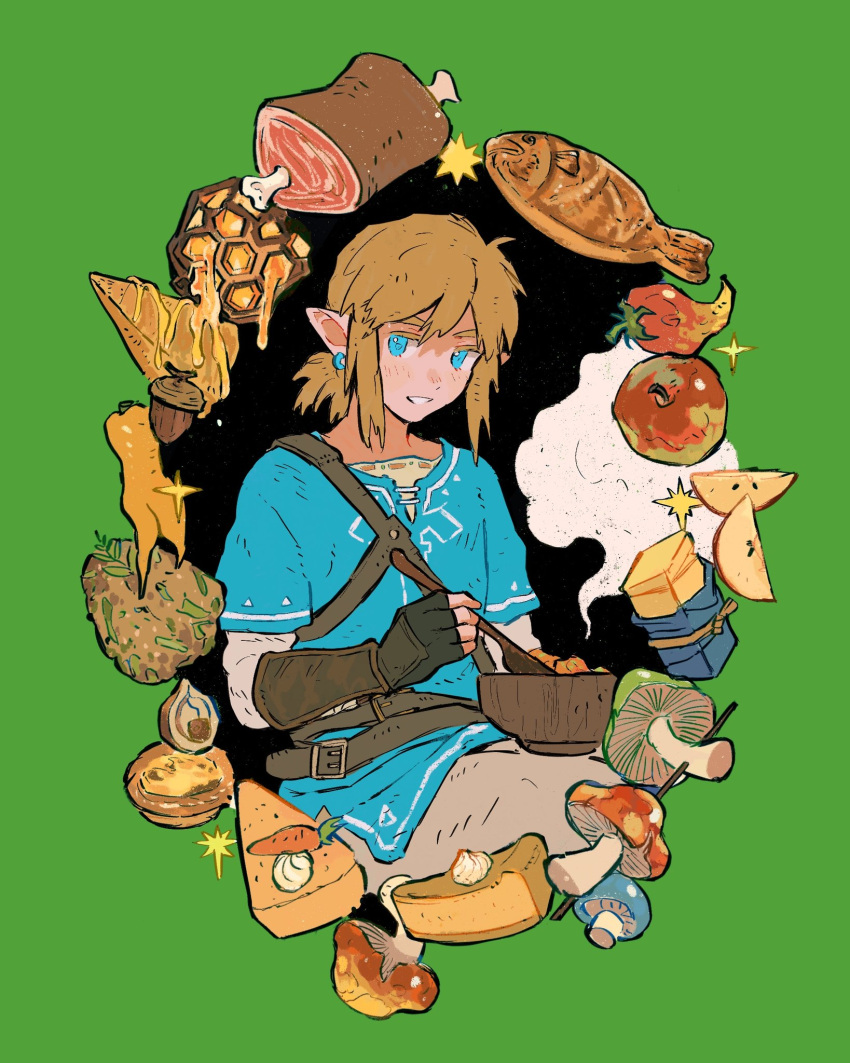 1boy acorn apple apple_slice blonde_hair blue_eyes blue_tunic boned_meat bowl butter cake earrings fingerless_gloves fish food fruit gloves green_background highres holding holding_bowl holding_spoon honey jewelry lingcod_dayu link low_ponytail male_focus meat mushroom pants pie pointy_ears ponytail short_ponytail sidelocks simple_background smile solo sparkle spoon steam the_legend_of_zelda the_legend_of_zelda:_breath_of_the_wild tunic
