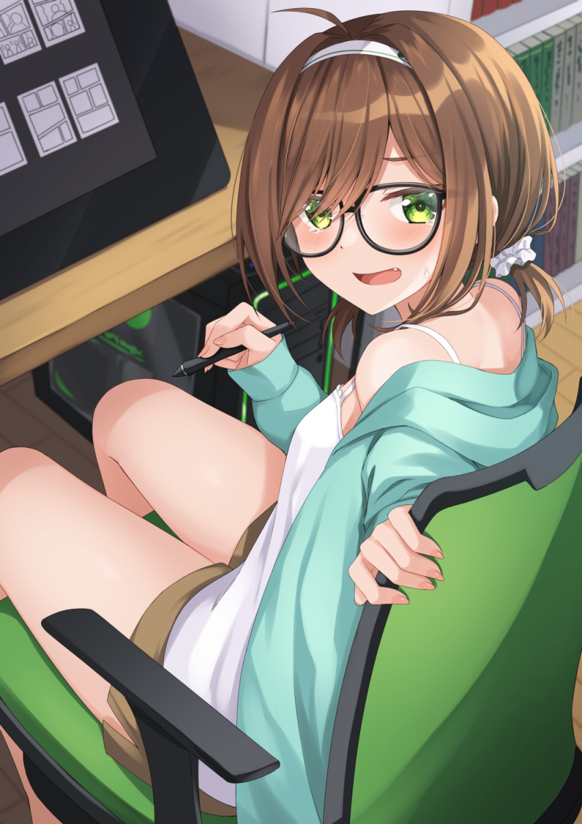 1girl ahoge bangs bare_shoulders black-framed_eyewear blue_jacket blush brown_hair brown_shorts camisole chair commentary_request computer drawing_tablet fang glasses green_eyes hair_ornament hair_over_one_eye hair_scrunchie hairband haru_(kuzuyu) highres holding holding_stylus hood hood_down hooded_jacket indoors jacket komori_kuzuyu long_sleeves looking_at_viewer looking_back low_twintails office_chair on_chair open_clothes open_jacket open_mouth original scrunchie short_shorts short_twintails shorts sitting sleeves_past_wrists solo stylus sweat table tears twintails white_camisole white_hairband white_scrunchie wooden_floor