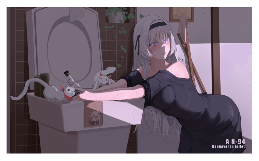 1girl an-94_(girls_frontline) artist_name black_dress blush bottle breasts character_name closed_mouth dress english_text eyebrows_visible_through_hair girls_frontline hairband holding holding_bottle kyubey long_hair looking_away mahou_shoujo_madoka_magica medium_breasts regenerate-x restroom silver_hair solo sweat toilet toilet_paper violet_eyes