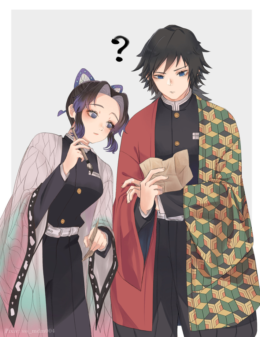 1boy 1girl ? belt black_dress black_hair blue_eyes bug butterfly butterfly_hair_ornament buttons dress grey_background hair_ornament highres holding holding_paper insect japanese_clothes kimetsu_no_yaiba kochou_shinobu paper simple_background sss_mdm004 tomioka_giyuu white_belt